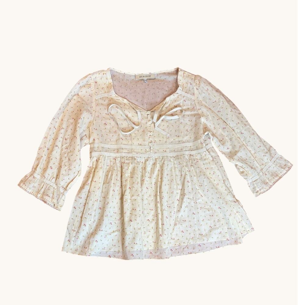SEE BY CHLOE Women's Blouse Size 6 Cream Floral Cotton Babydoll Romantic Boho